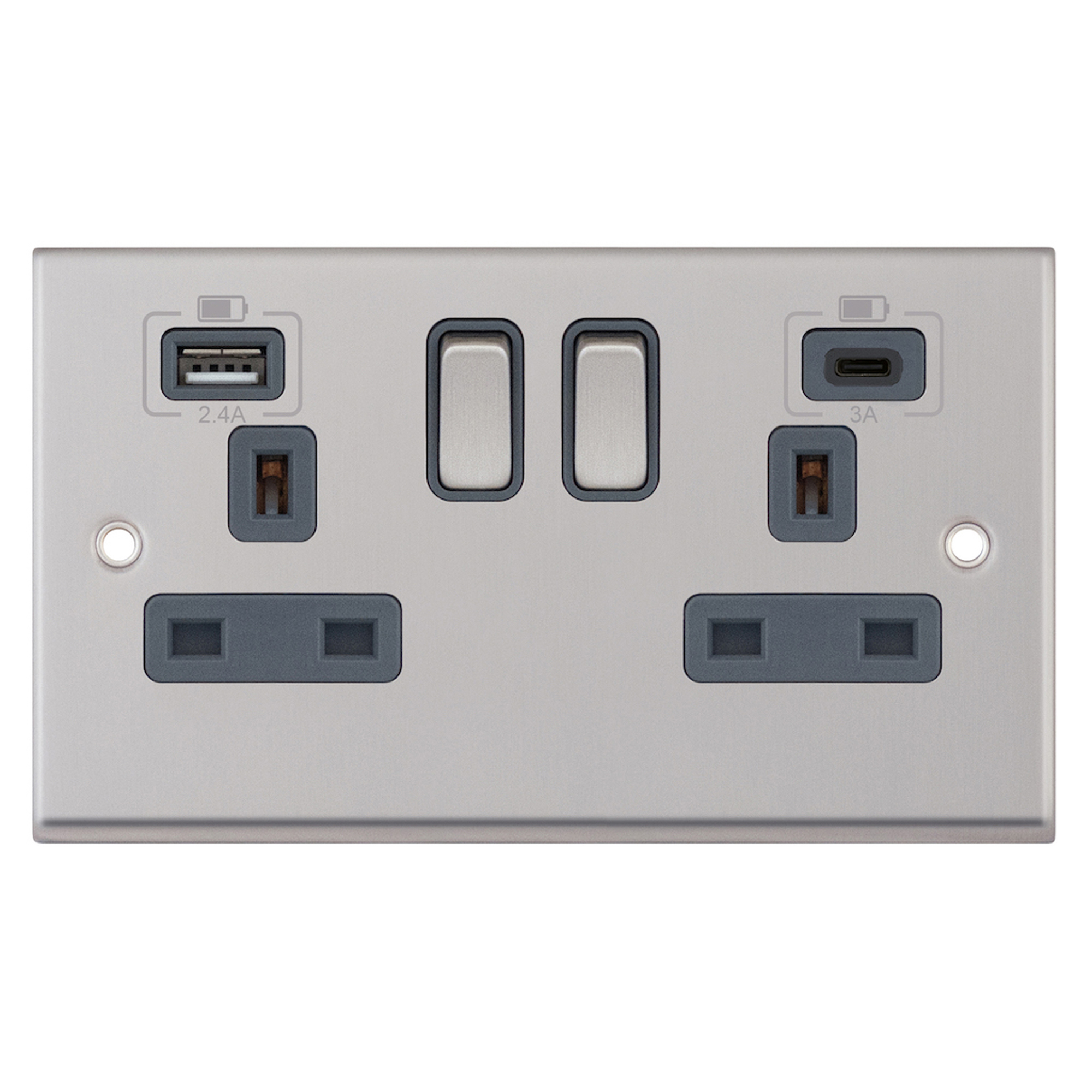 2 gang switched with 1 x USB type A & 1 x USB type C (2.4A / 3A) - Range Selectric 7M-PRO