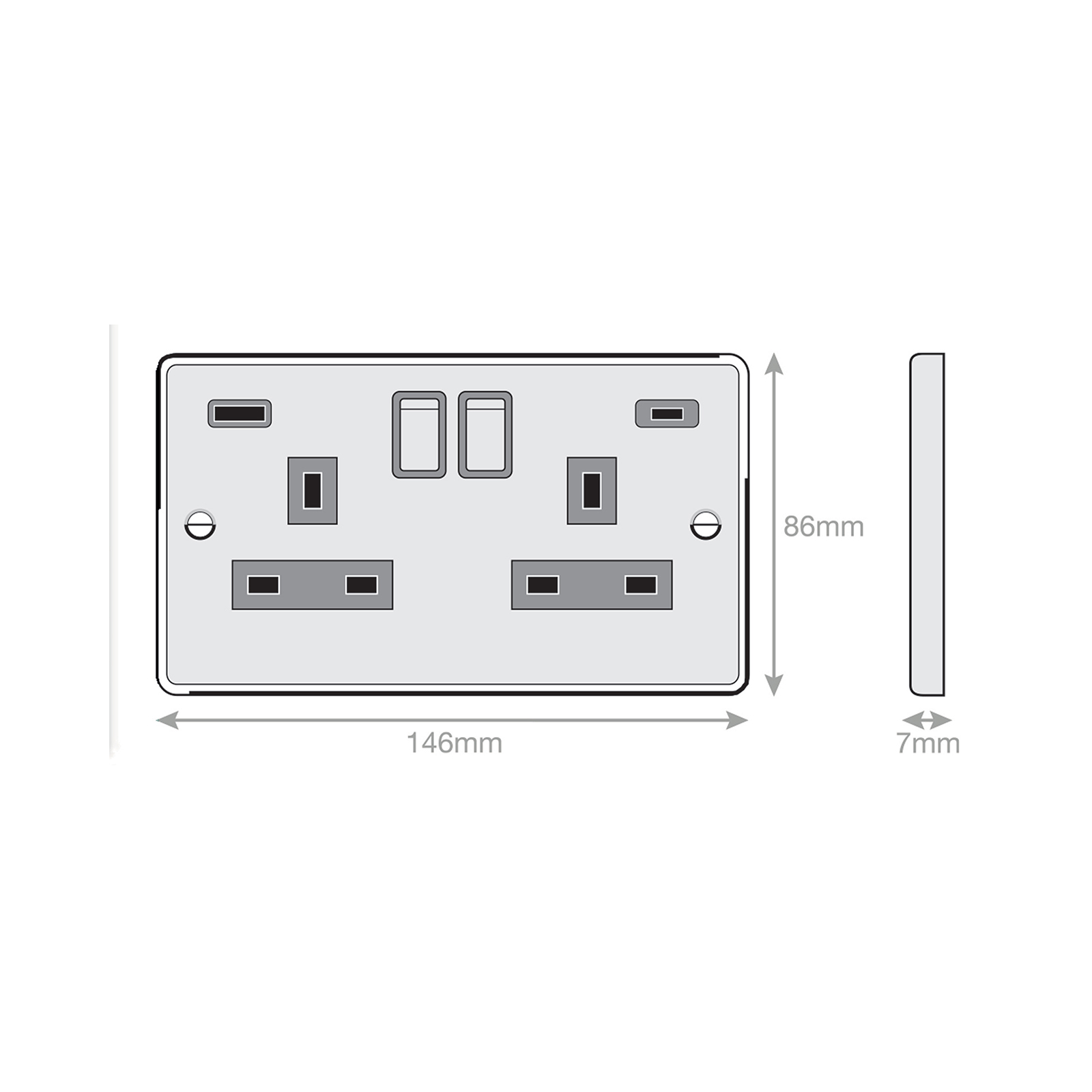 2 gang switched with 1 x USB type A & 1 x USB type C (2.4A / 3A) - Range Selectric 7M-PRO