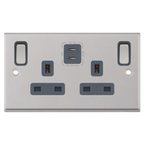 13 Amp Socket Outlet - 2 Gang Switched SP Outboard Rockers + 2 Earth - Terminals with 2 x USB Type C (3A / 3A) -  Selectric 7M-PRO