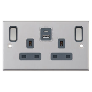 13 Amp Socket Outlets- 2 Gang Switched SP Outboard Rockers + 2 Earth - Terminals with 1 x USB Type A & 1 x USB Type C (2.4A / 3A) -  Selectric 7M-PRO