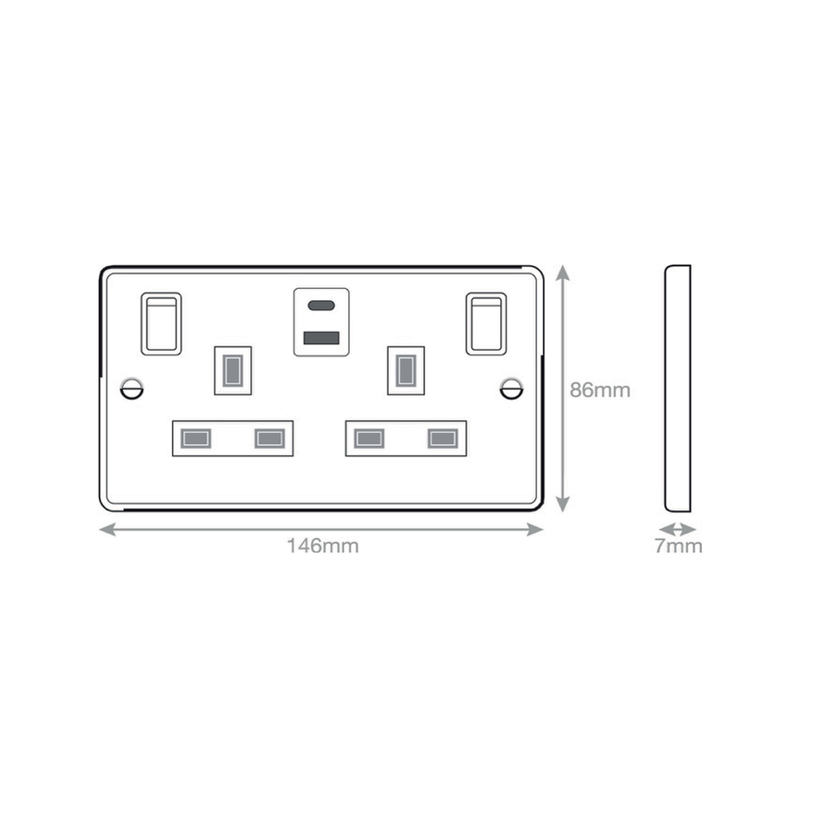 13 Amp Socket Outlets- 2 Gang Switched SP Outboard Rockers + 2 Earth - Terminals with 1 x USB Type A & 1 x USB Type C (2.4A / 3A) -  Selectric 7M-PRO
