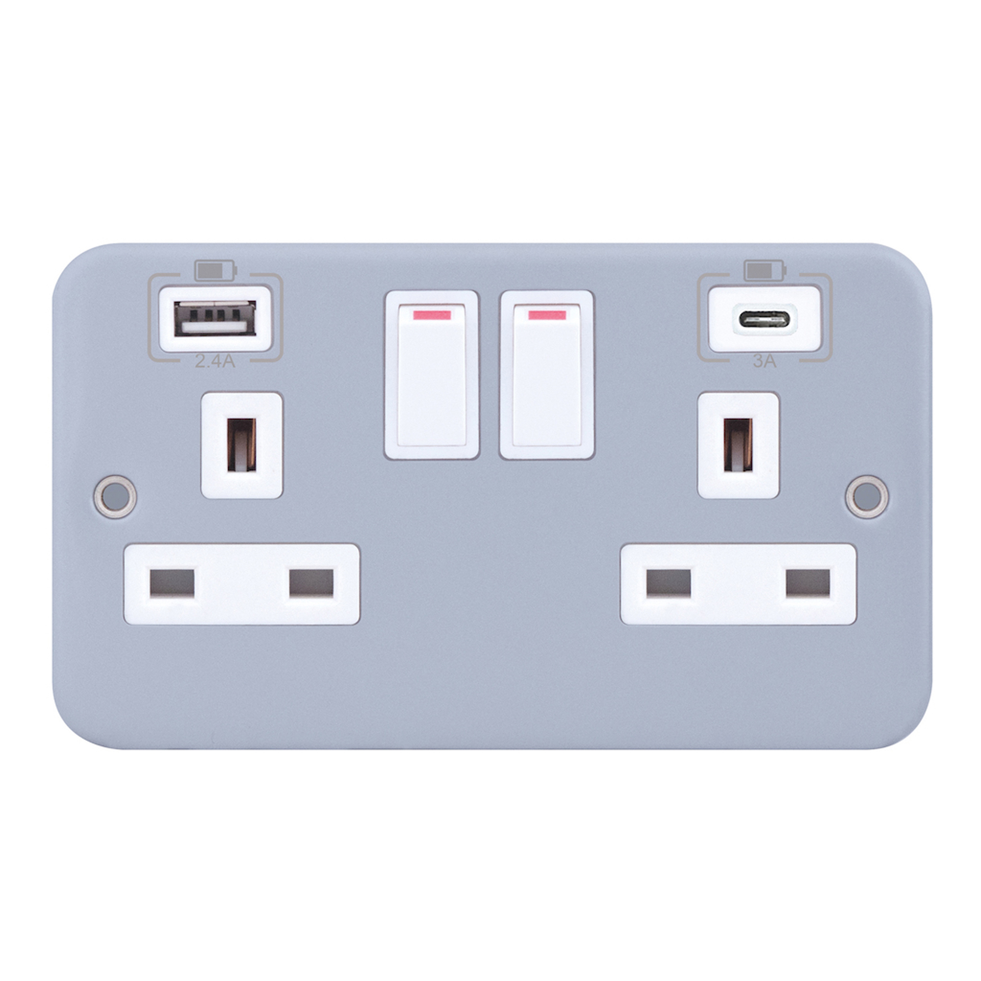 2 Gang Switched with 1 x USB Type A & 1 x USB Type C (2.4A / 3A) - Range Selectric Metal Clad