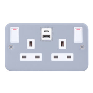 13 Amp Socket Outlet - 2 Gang Switched SP Outboard Rockers + 2 Earth -  Selectric Metal Clad