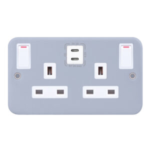 13 Amp Socket Outlet - 2 Gang Switched SP Outboard Rockers + 2 Earth -  Selectric Metal Clad