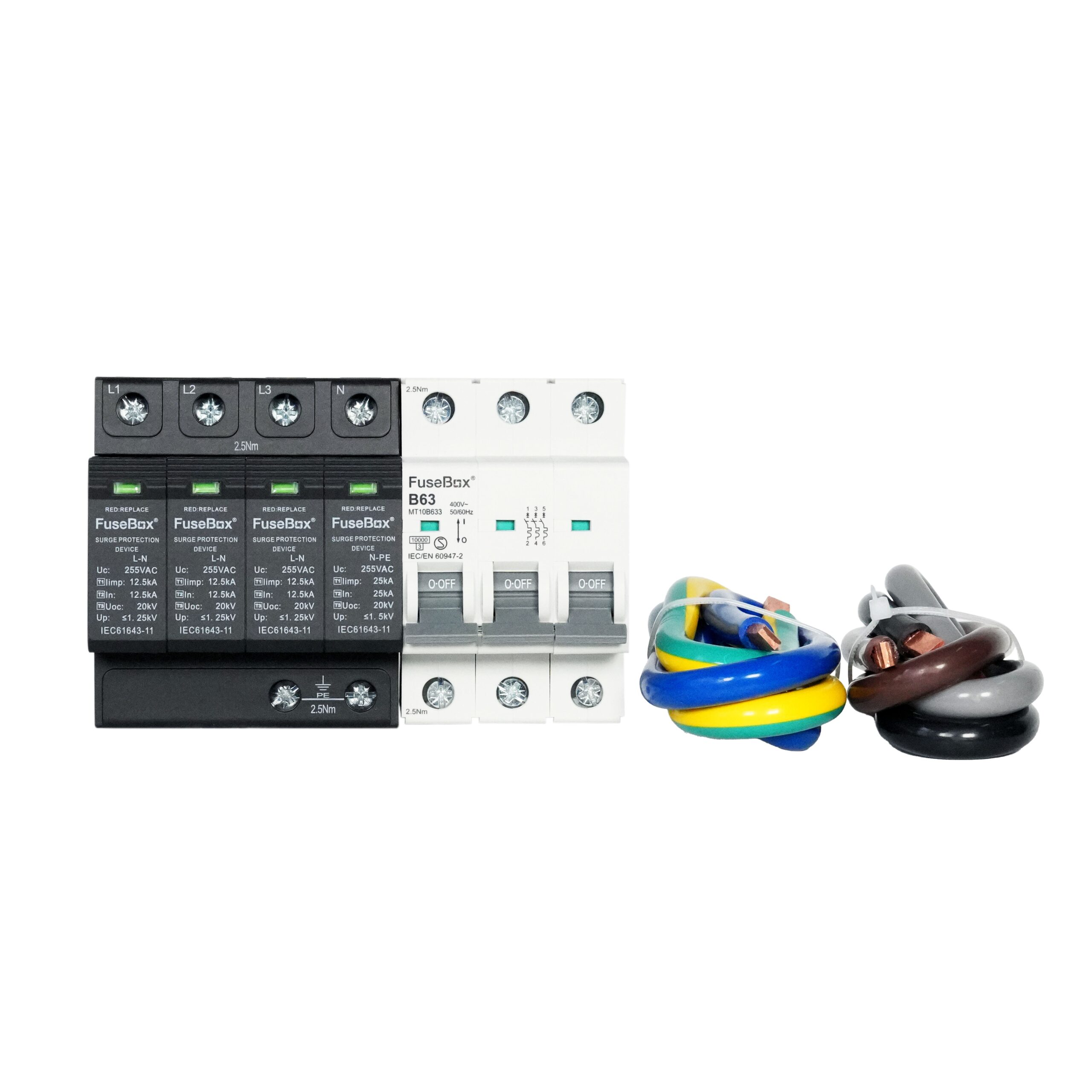 FuseBox SPDCUKITTPNT1 T1 SPD TPN 3P+NPE Kit Includes 3P 63A B MCB & Cables Surge Protection Device