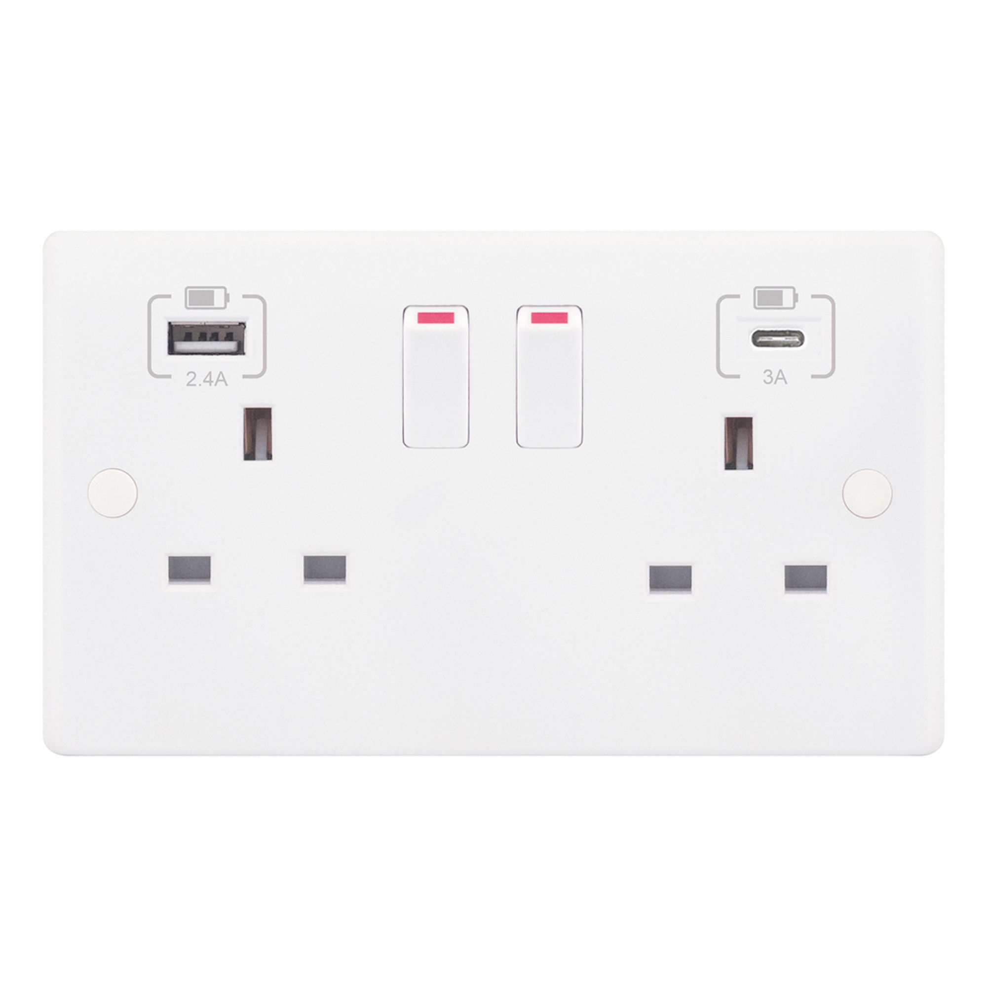 2 gang switched with 1 x USB type A & 1 x USB type C (2.4A / 3A) - Range Selectric Smooth