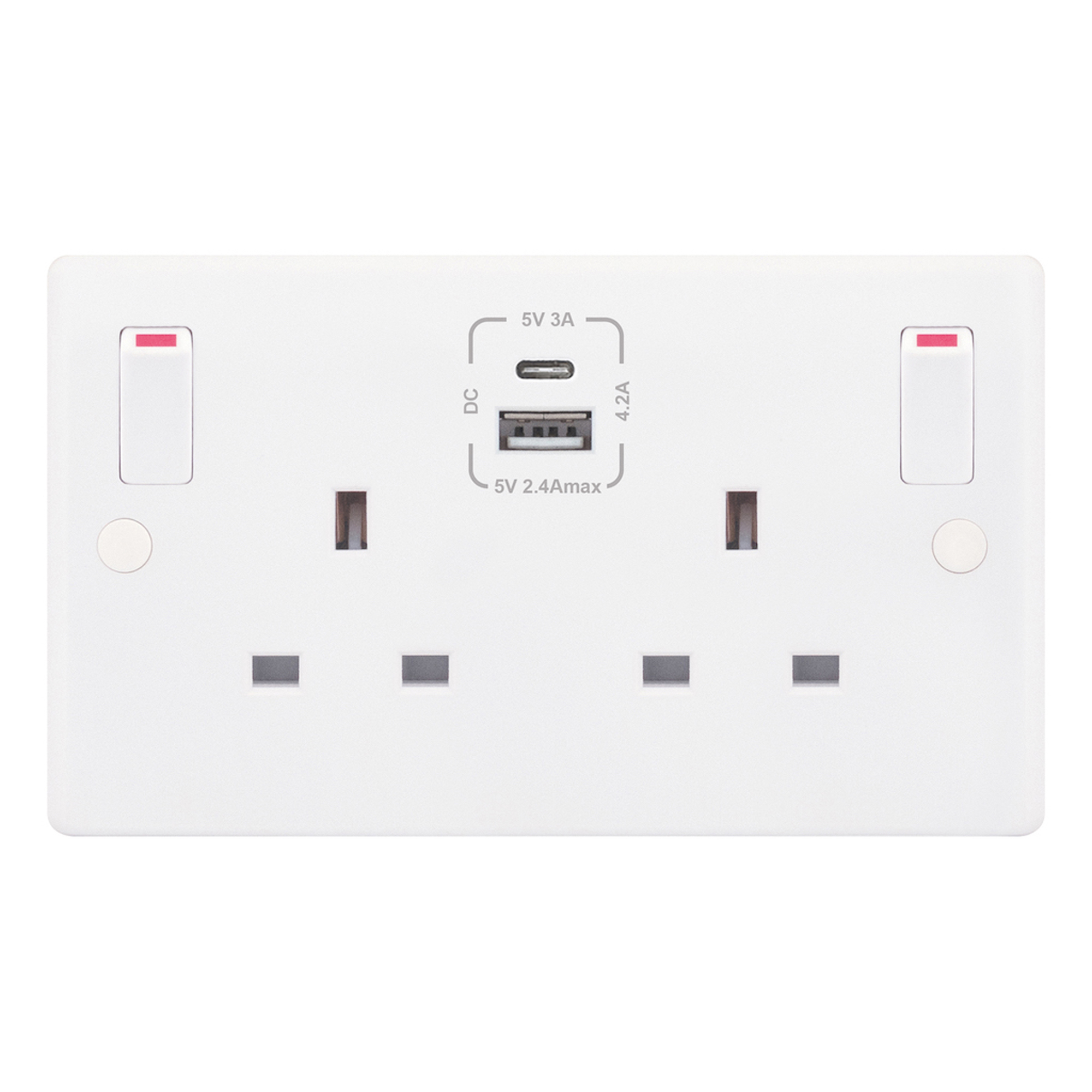 13 Amp USB Socket Outlet, 2 Gang Switched SP with Outboard Rockers, 2 Earth -  Selectric Smooth