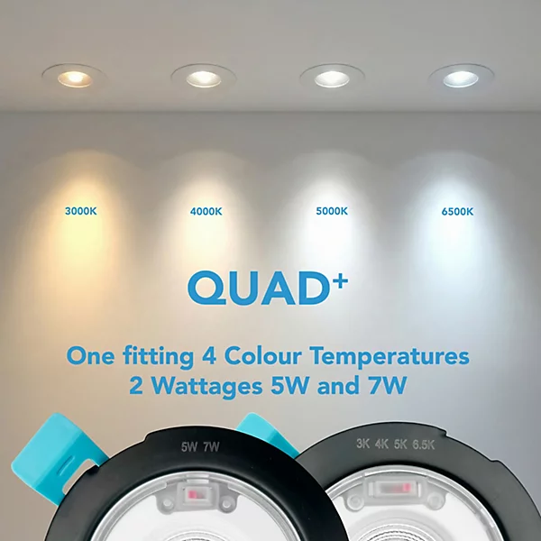 Harled Quad+ Fire Rated LED Downlight Switchable 5W-7W and 4 CCT IP65 Dimmable White Bezel
