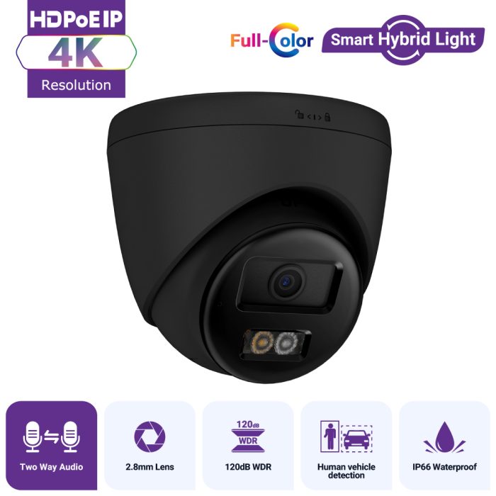 Hizone pro – Smart Hybrid Light Two Way Audio PoE IP Camera | IPT280B-HT | 4K 8MP, 3840×2160 @ 15 fps (Black)