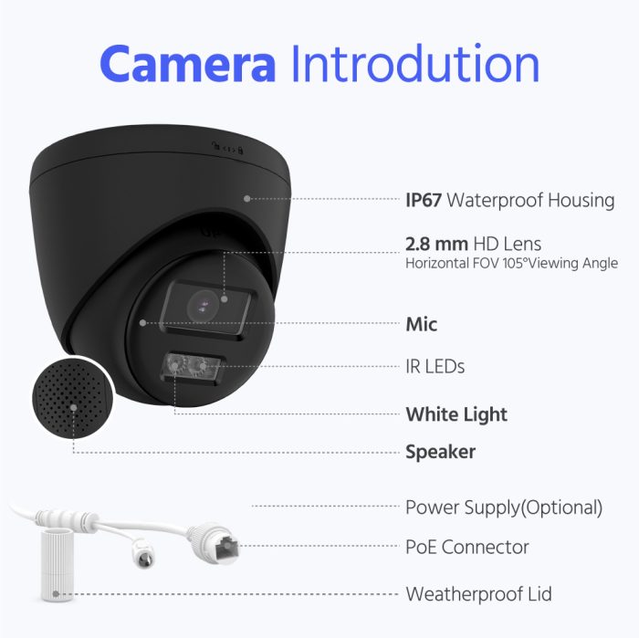 Hizone pro – Smart Hybrid Light Two Way Audio PoE IP Camera | IPT280B-HT | 4K 8MP, 3840×2160 @ 15 fps (Black)