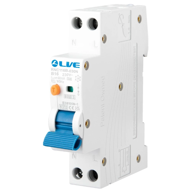 Live RNC116B-030N Plug on Neutral 16A RCBO Double Pole Bidirectional B Curve Compact