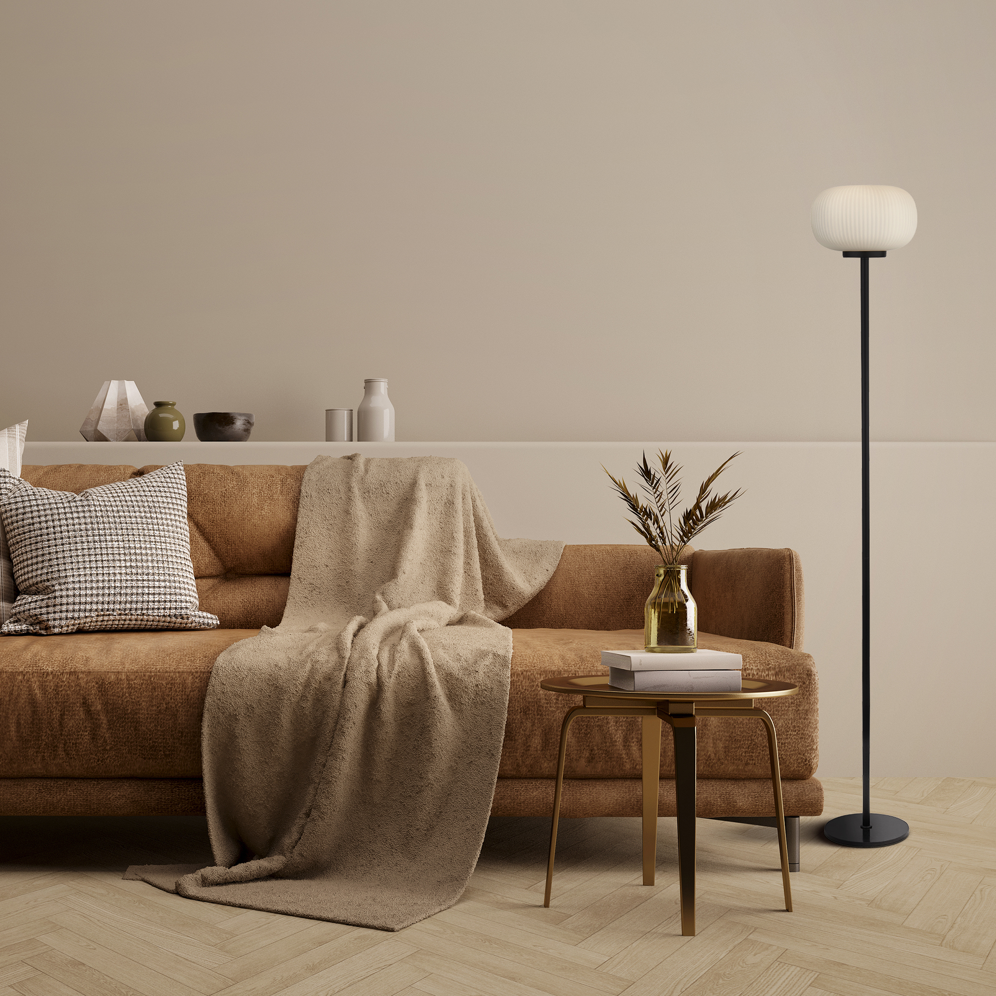 Searchlight Lumina Floor Lamp Black Metal & Opal Ribbed Glass