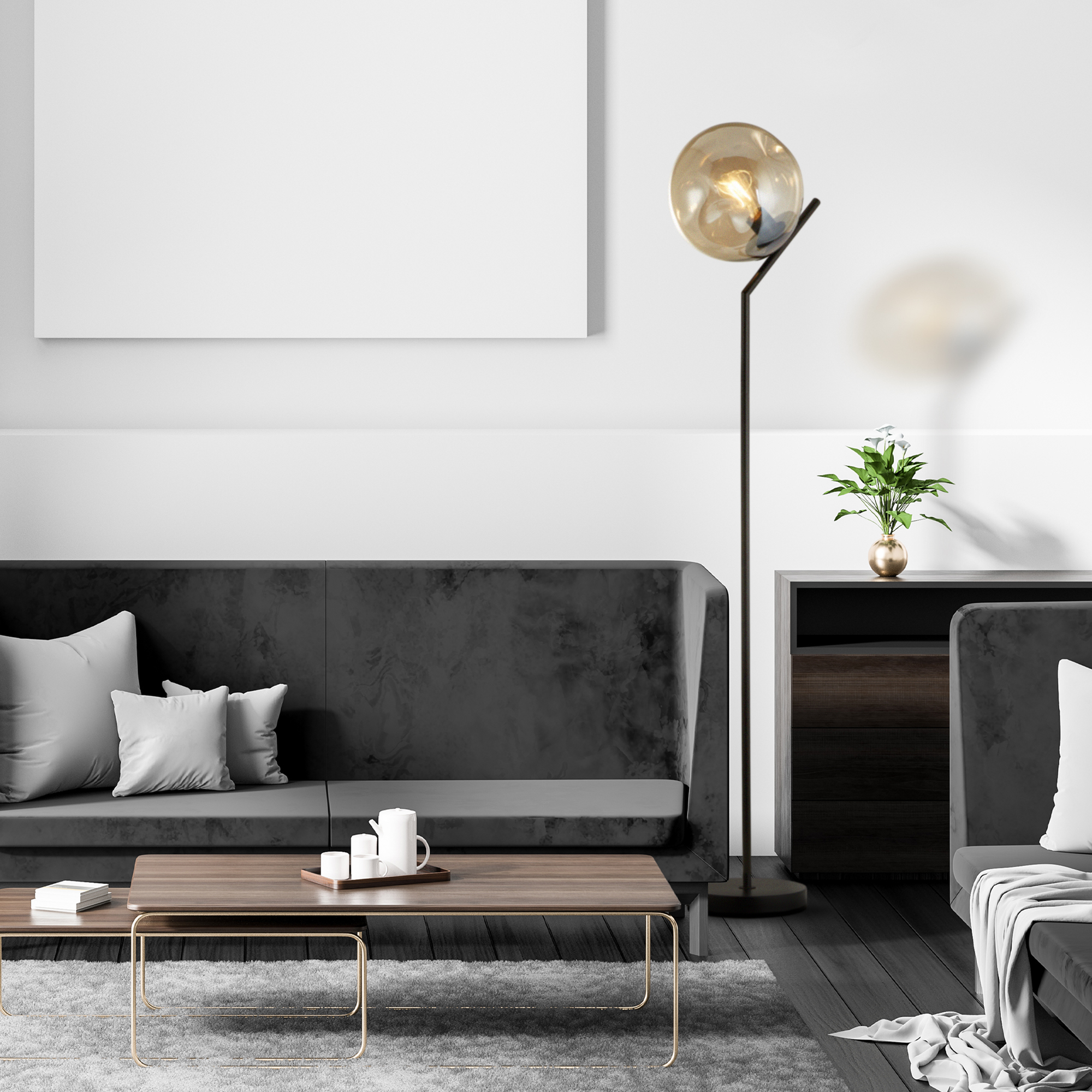 Searchlight Punch Floor Lamp Black Metal & Champagne Punched Glass