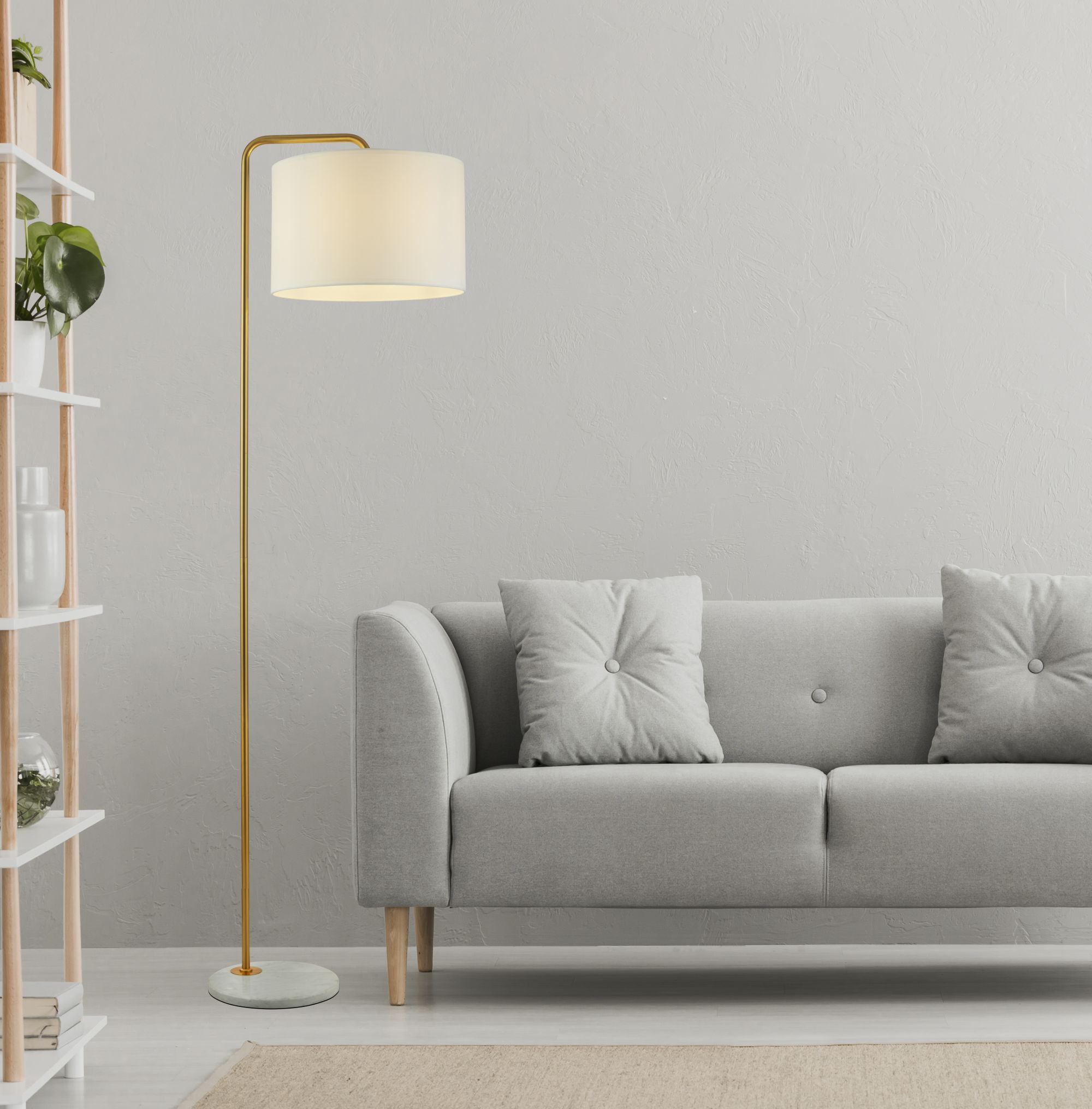 Searchlight Gallow Floor LampAntique Gold Metal Marble & White Fabric