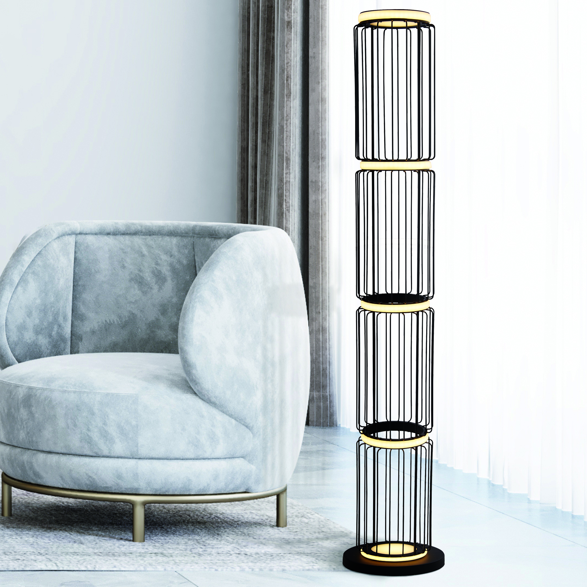 Searchlight Circolo Cage Floor Lamp Black Metal & White Silicon