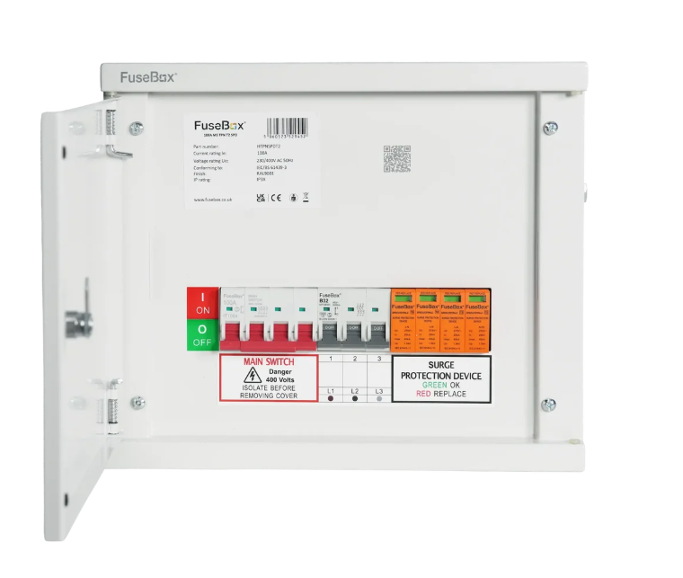 FuseBox HTPNEV32SPD TPN Horizontal EV Distribution Board with 100A 4P Main Switch, 32A Bi-Directional RCBO & T2 SPD