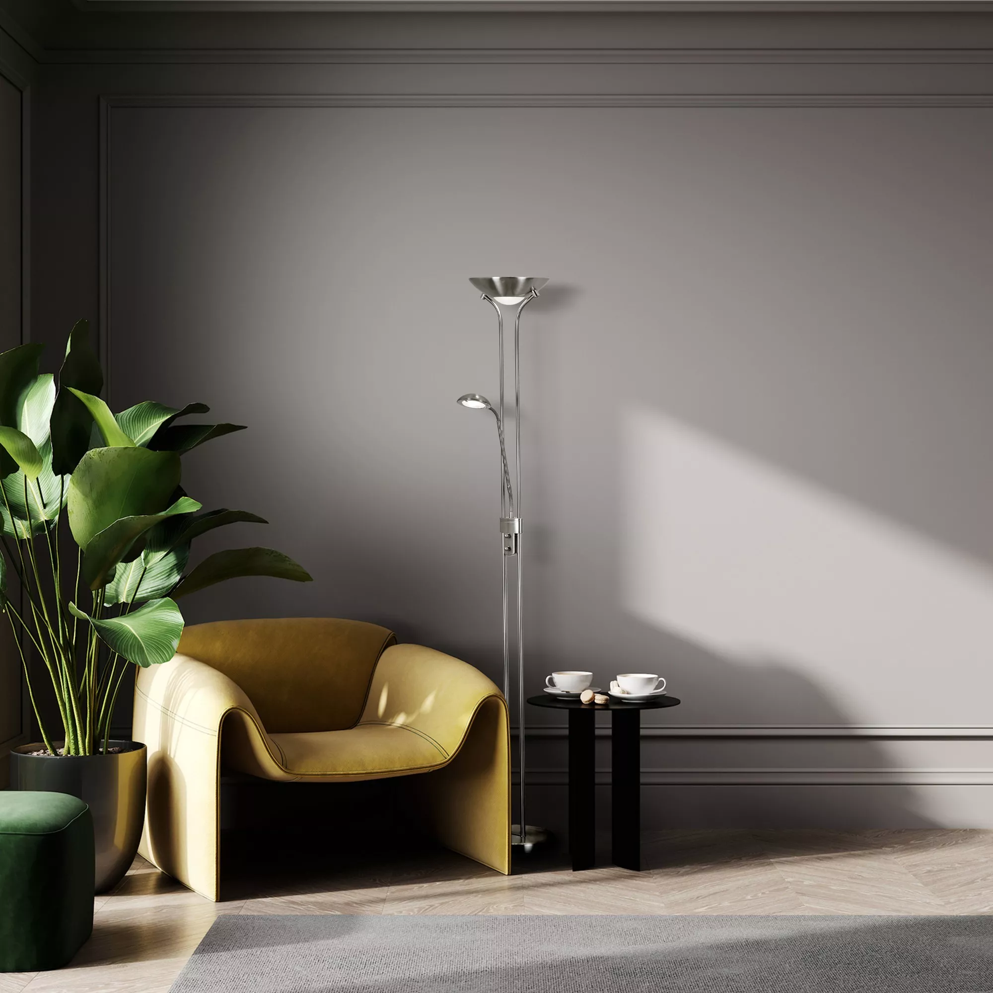 Searchlight Mother & Child Floor Lamp Satin Silver Metal & Glass