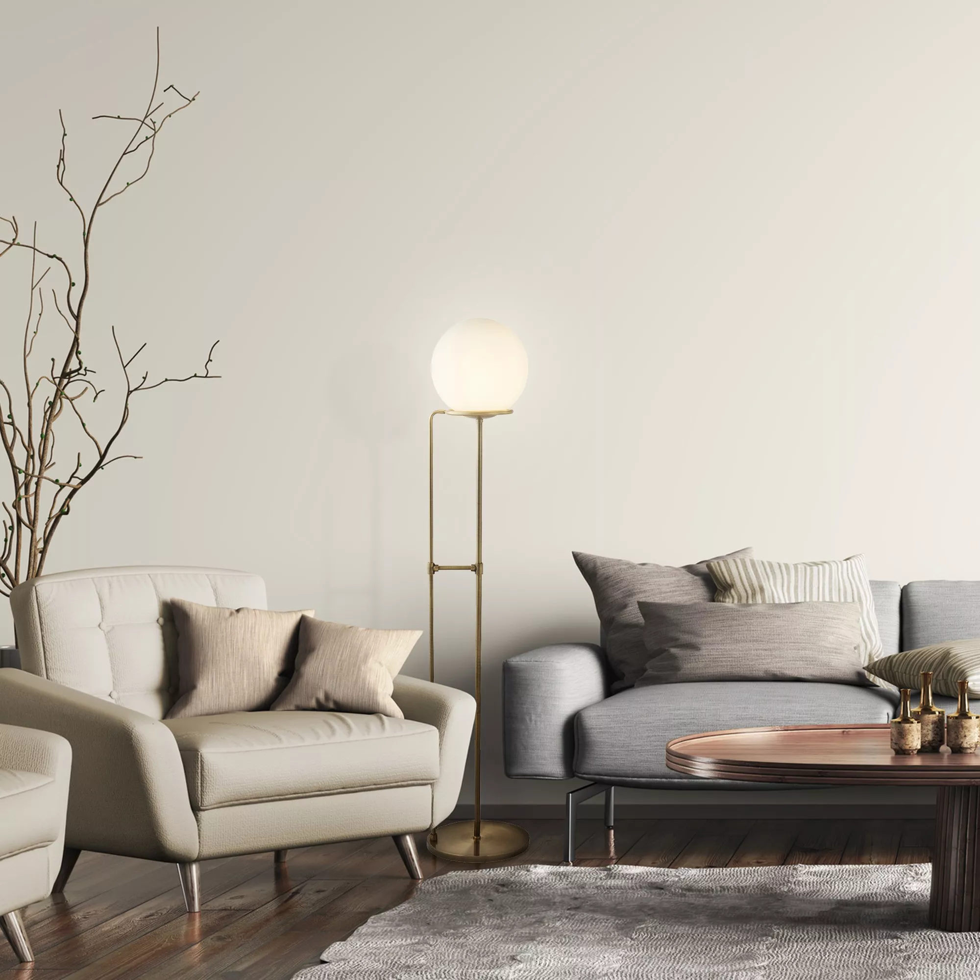 Searchlight Sphere Floor Lamp Antique Brass Metal & Opal Glass